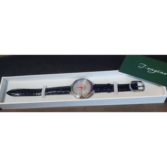 BNIB~Womens' T-Engine Luxury Diamond Inlay Genuine Leather Strap Watch - Picture 3 of 7